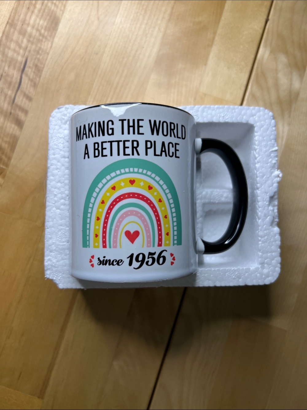 White Rainbow Heart Ceramic Mug with Black Handle